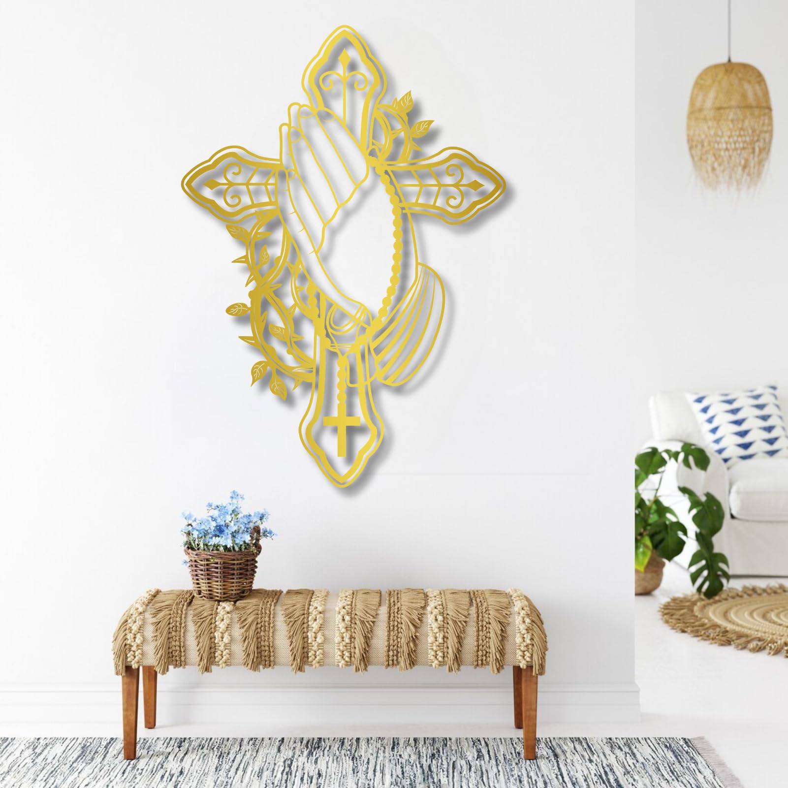 Grande Decorazione da Parete in Metallo Spesso, Decorazione da Parete in Metallo con Mano in Preghiera, Decorazione da Parete Cristiana, Decorazione da Parete con Croce, Decorazione Religiosa per SOG