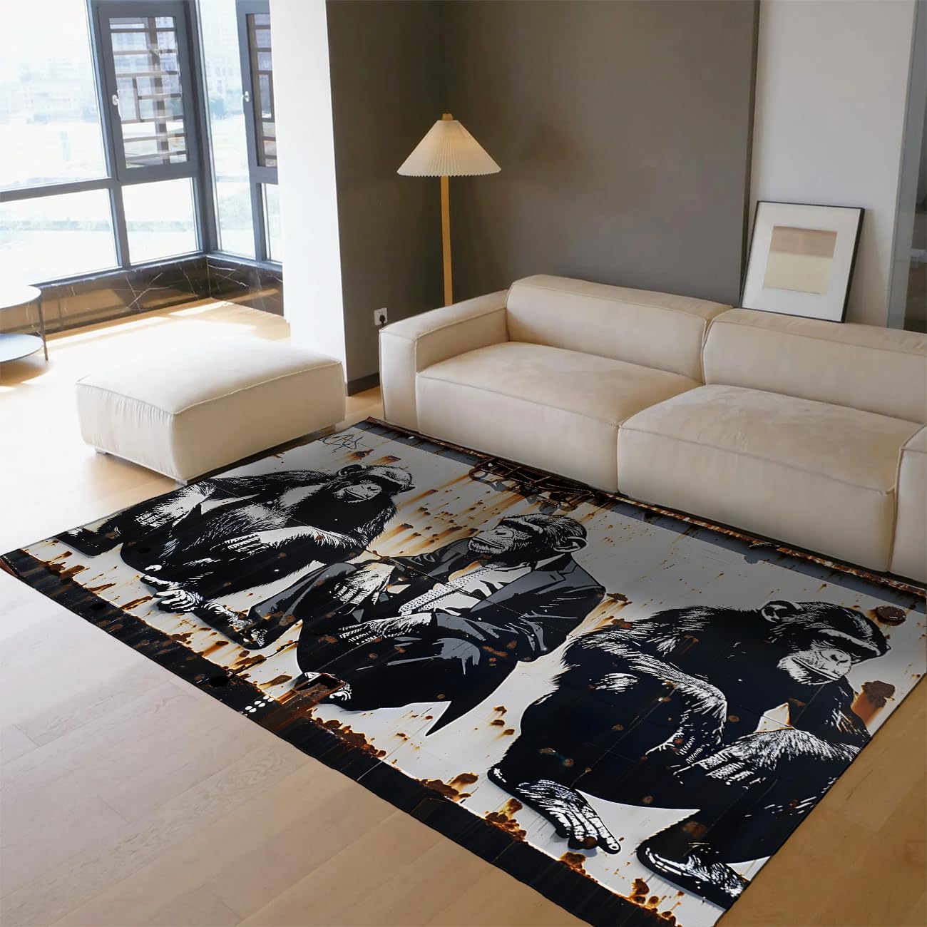 Tapis 100x150cm cuisine singe graffiti noir et blanc chic