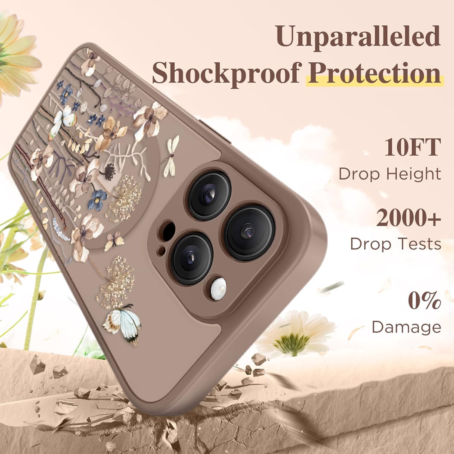 GVIEWIN for iPhone 15 Pro Max Case Compatible with MagSafe, [Military Grade Protection] [Screen Protector] Full Camera Protection Floral Translucent Women Magnetic Phone Case, Autumnflit/Brown - Image 7