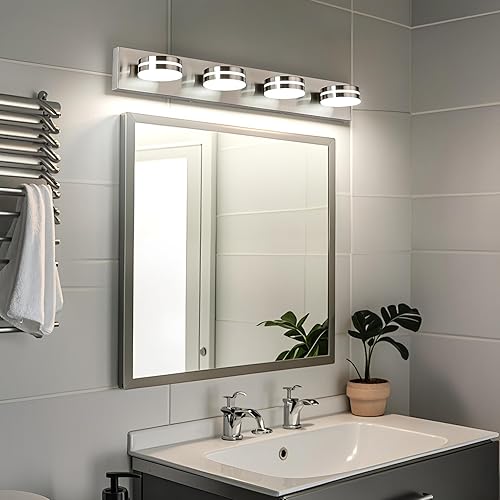 Miniatura 7 de Luces de tocador de níquel cepillado para baño, 4 luces de baño sobre el espejo, accesorio de iluminación LED regulable para baño, moderno accesorio