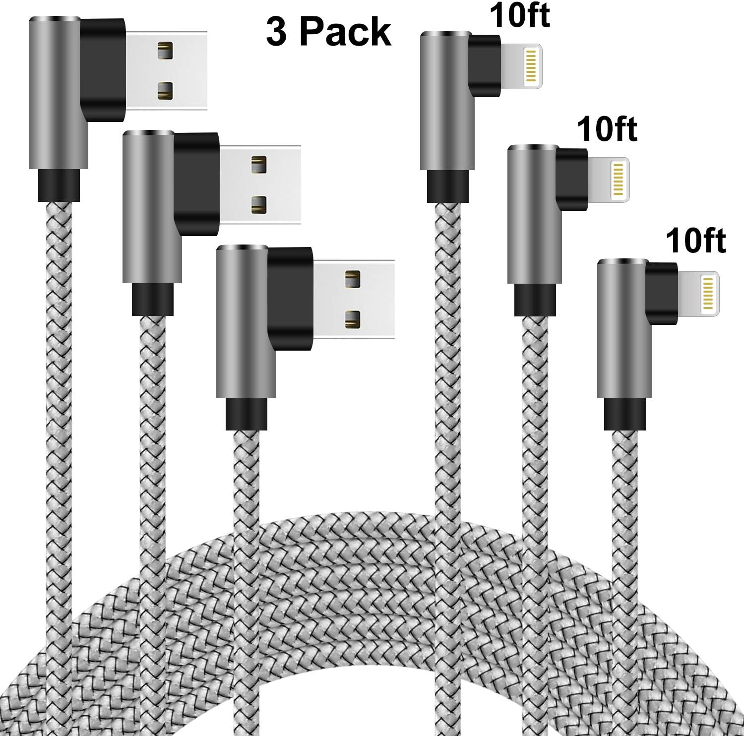 iPhone Charger 10ft 90 Degree Lightning Cable 3 Pack iPhone Charging Cable Right Angle Nylon Braided Fast Charger Cord Compatible with iPhone 12 11 Xs MAX XR X 8 7 6s (Grey)