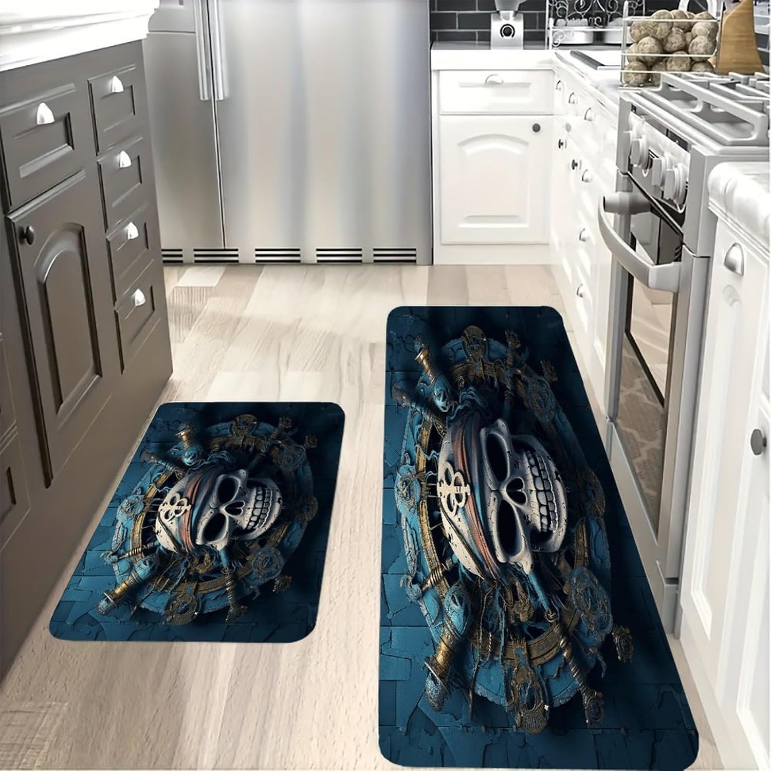 Skeleton Pirate Kitchen Mat Kitchen Rug Set | Kitchen Rugs Flannel Velvety Washable breathable Water Absorbent Soft ，kitchen utensils for Kitchen, Floor,Laundry