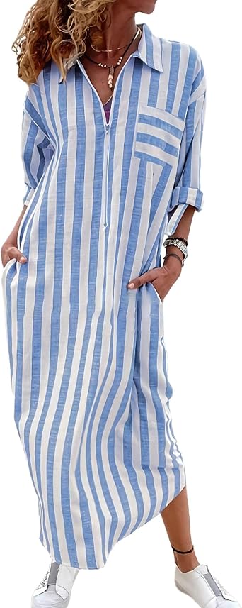 SOMTHRON Womens Summer 3/4 Sleeve Striped Shirt Dress V Neck Half Zipper Boho Maxi Long Beach Dress