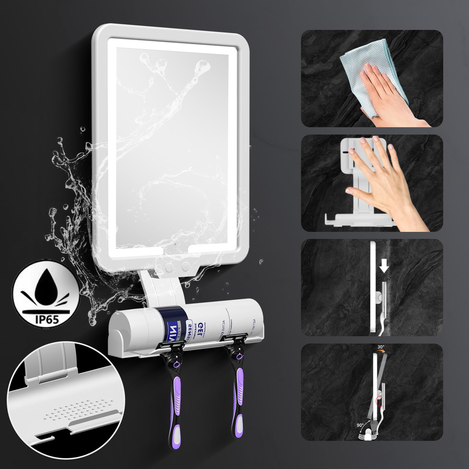 White Heated Fogless Shower Mirror with Dimmable Light