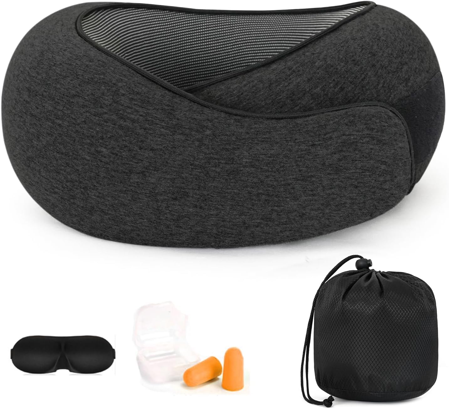 Purecas Memory Foam Reisekissen Verstellbare Nackenstütze für Flugzeug, Zug & Auto, U-Shape Nackenkissen mit Schlafbrille, Ohrstöpsel & Tragetasche, Ergonomisches Reiseset für Erwachsene (Dunkelgrau)