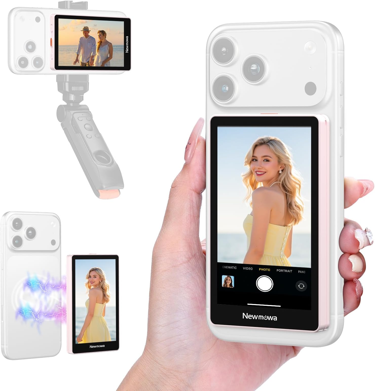 Newmowa Pink Magnetic Phone Vlog Selfie Monitor Screen, 4K 30fps Wired & 1080P Wireless Recording, Using Phone Rear Camera for Selfie Vlog Live Stream TikTok, Compatible with iPhone 11-17