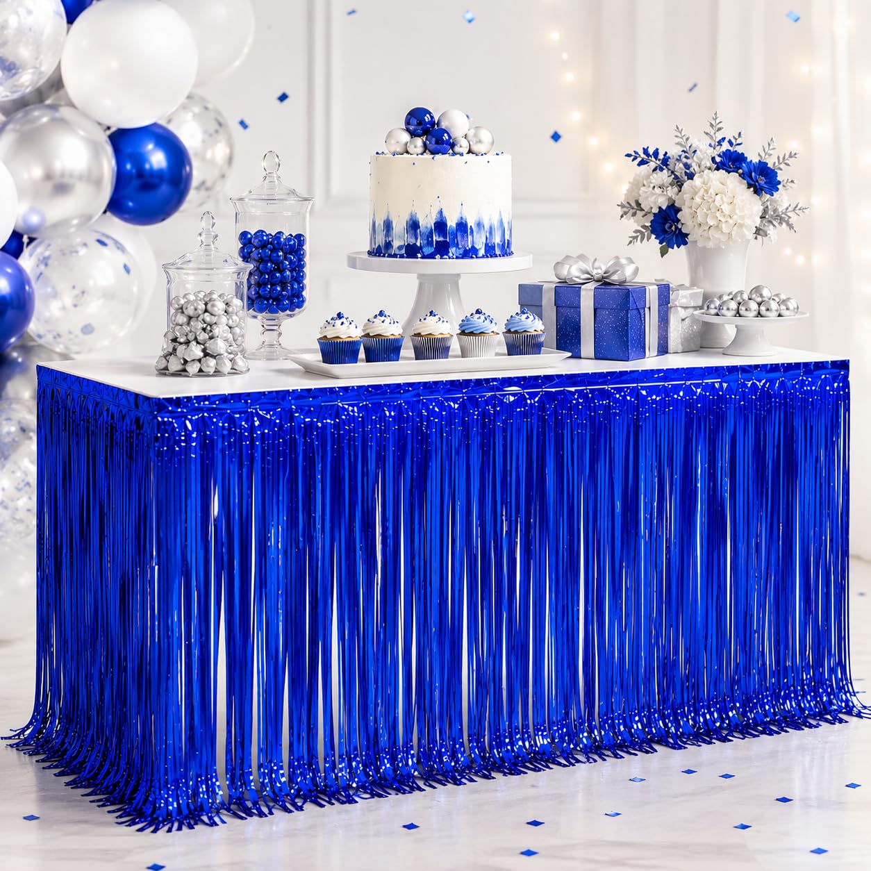 Blue Foil Fringe Table Skirt, 2 Pack, Metallic Tinsel Streamers, 29x108 In