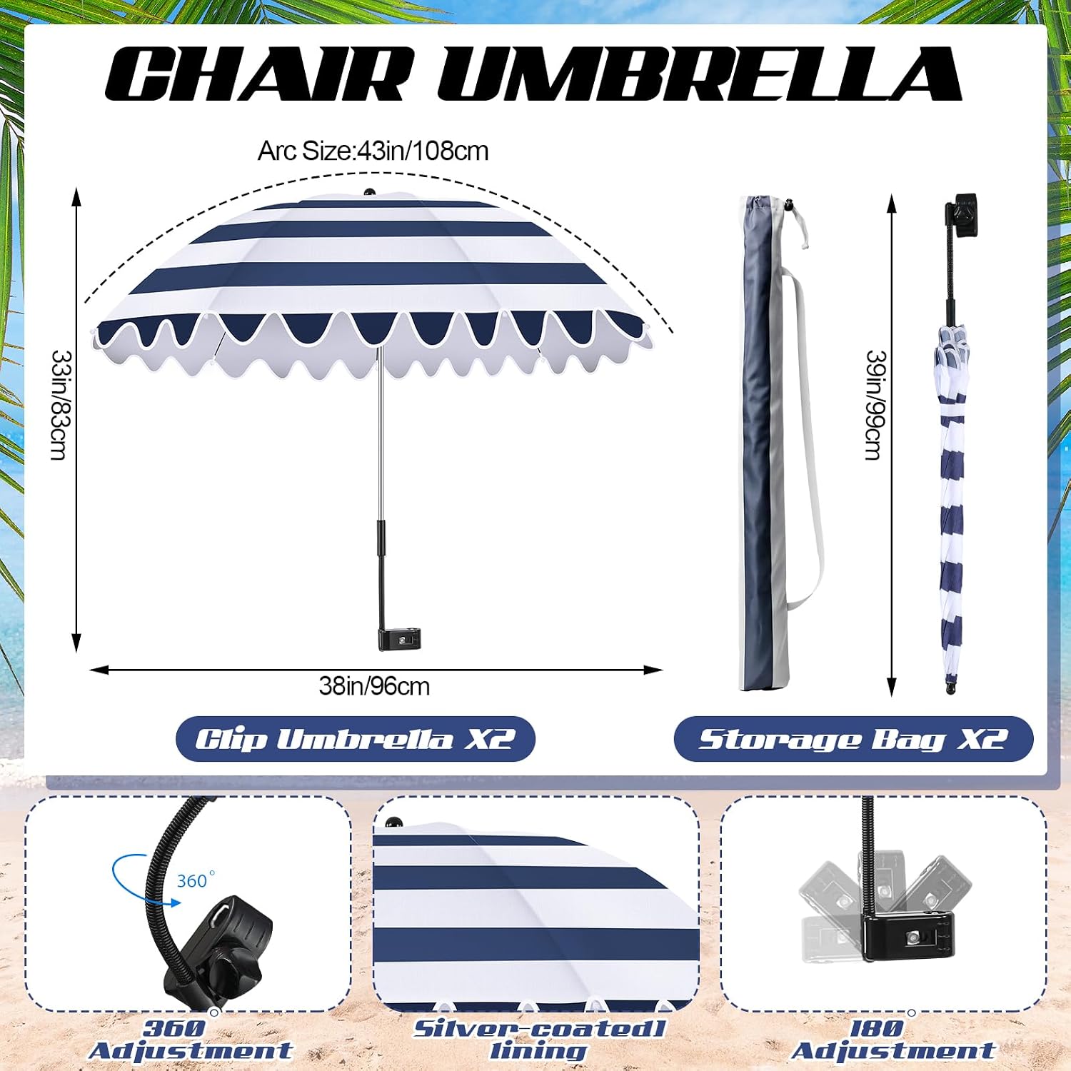 abbylike 2 pcs scalloped chair umbrella with universal adjustable clamp 38'' portable wheelchair umbrella upf 50+ camping chair parasol with bag for outdoor patio lawn dark blue stripe chair umbrella