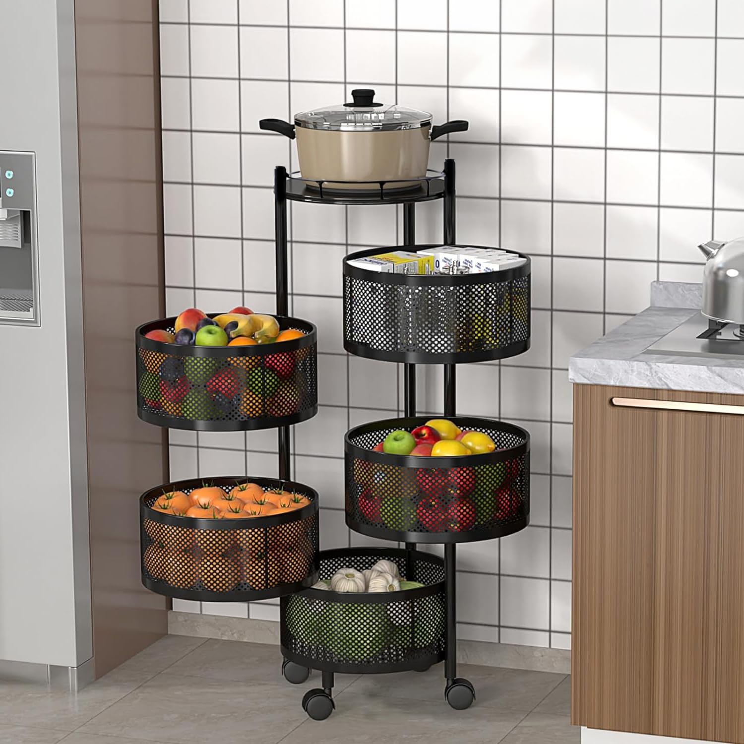 Kuber Industries Storage Rack | 5-Layer Round Multipurpose Storage Trolley with Wheels | Rotating Vegetable Kitchen Rack | Kitchen Cabinet Spice Rack | Metal Fruit Storage Rack | Black-image-45