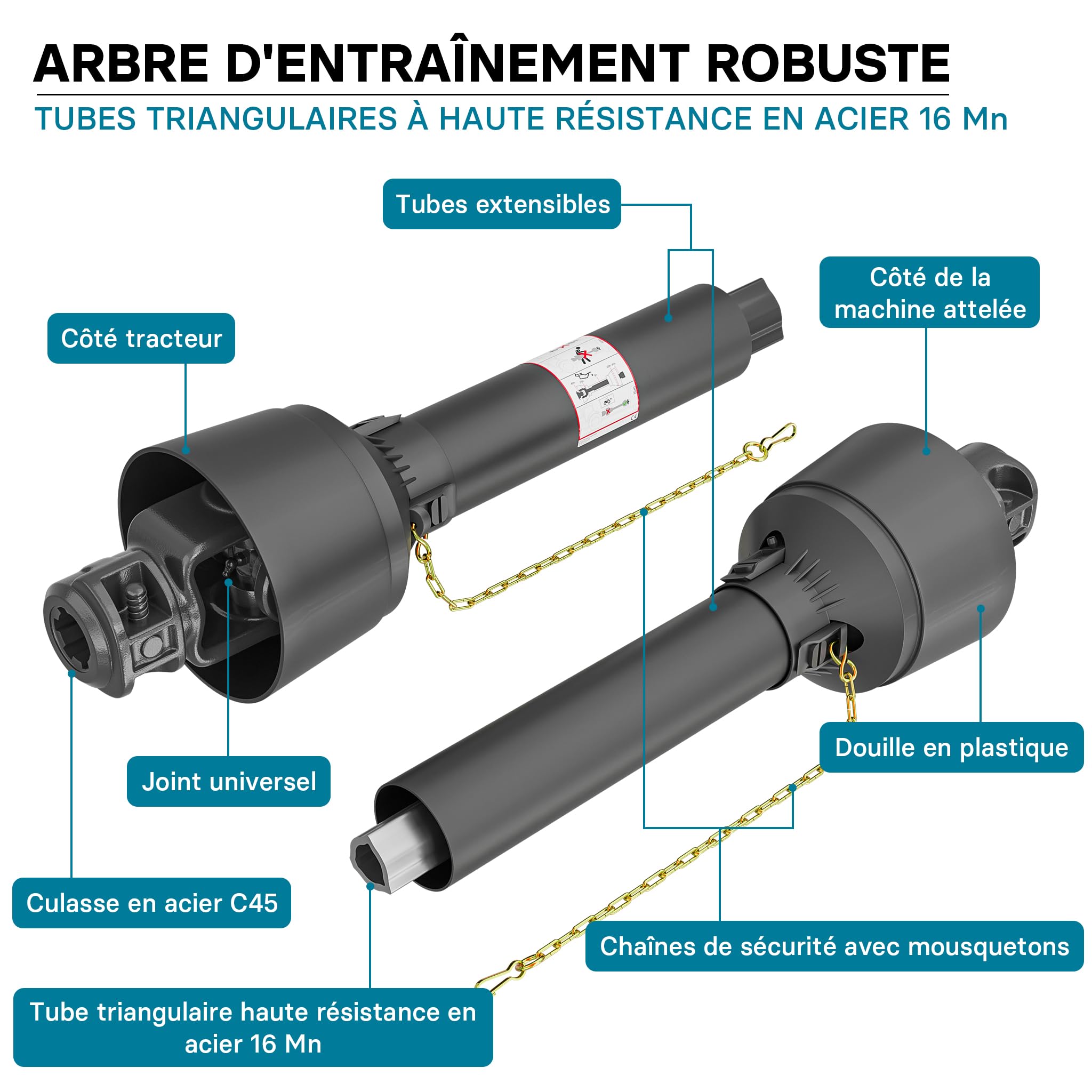 WilTec Arbre Transmission T4 cardan - Longueur 1200-1320 mm / 2X 1 3/8" 6 Dents / 460 Nm / 540 TR/Min / 40 KW (55 CV) - Prise de Force agricole