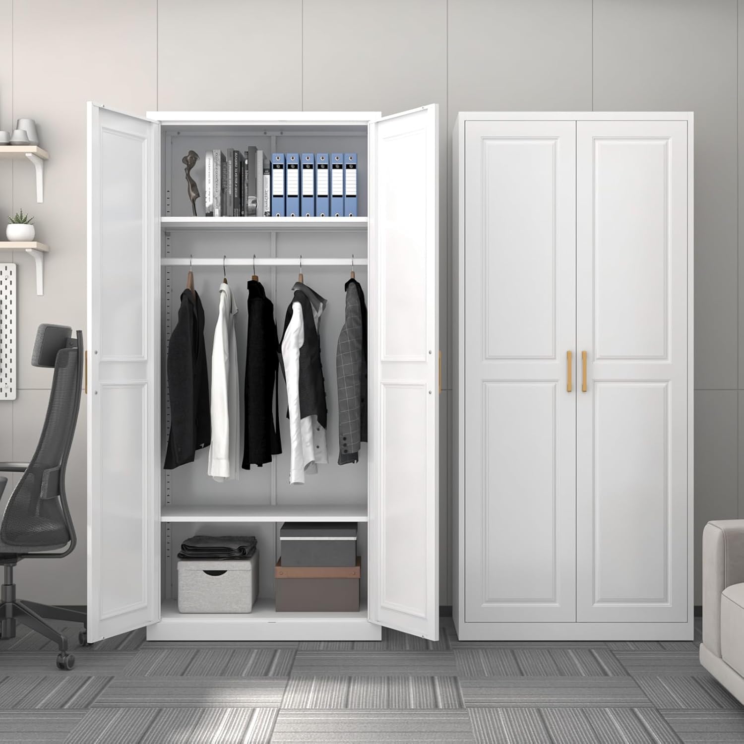 Metal Wardrobe Cabinet with Hanging Rod, 71" Tall Armoire Wardrobe Closet with 2 Doors and Adjustable Shelves, White Clothing Storage Cabinets for Bedroom, Laundry Room, Cloak Room - Image 7