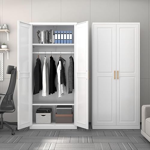 Miniatura 7 de Armario de Metal con Barra para Colgar, Armario Alto de 71 Pulgadas con 2 Puertas y Estantes Ajustables, Armarios de Almacenamiento de Ropa Blancos