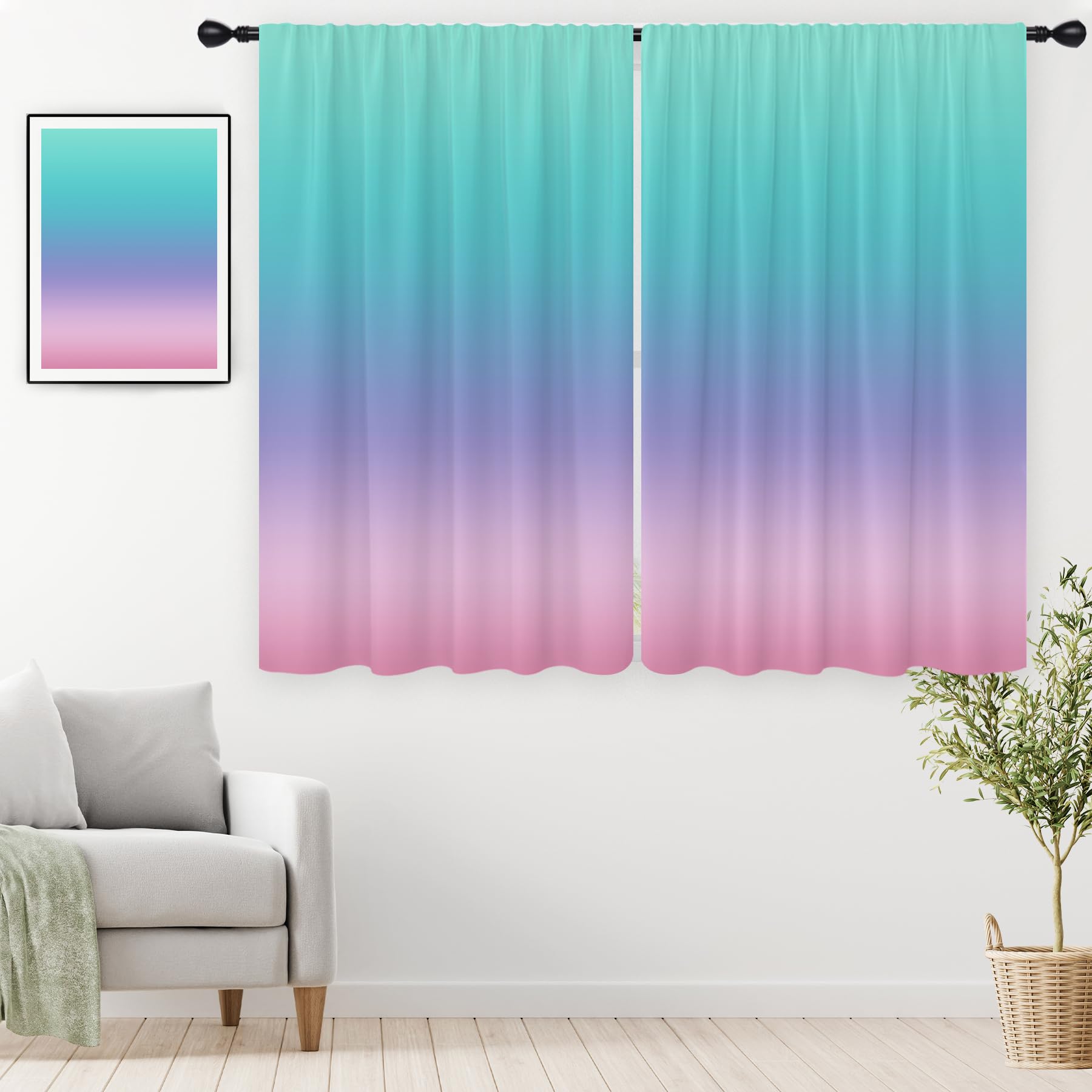 EGLGCC Pink Kids Curtains Wide Girls Cute Purple Teal Ombre Colorful Pastel Girly Women Turquoise 52W x 63L Inch Rod Pocket for Bedroom Living Dining