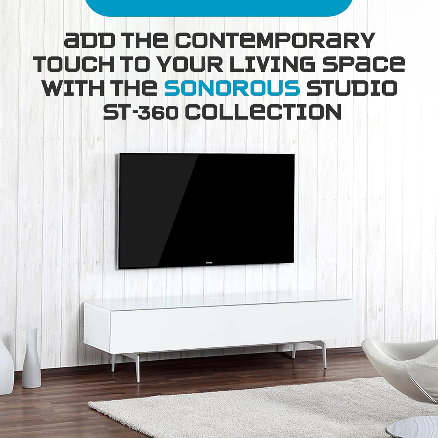 SONOROUS ST-360 Premium TV Stand for Living Room – Modern TV Stands & Entertainment Center with Storage – White Glass & White Wood Cover – Luxury Media Console with Metal Legs for TVs up to 75 inches