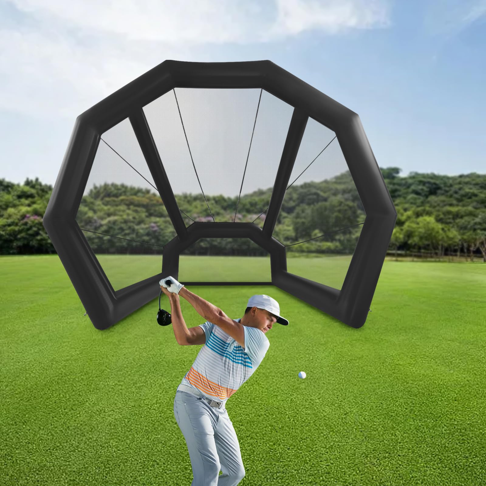MSAIERPLR Golf Practice Swing Simulator Net Cage Tent Inflatable Golf Practice Net Cage Plus Blower with Net & 110V Blower for Backyards Parks Garages Hotels