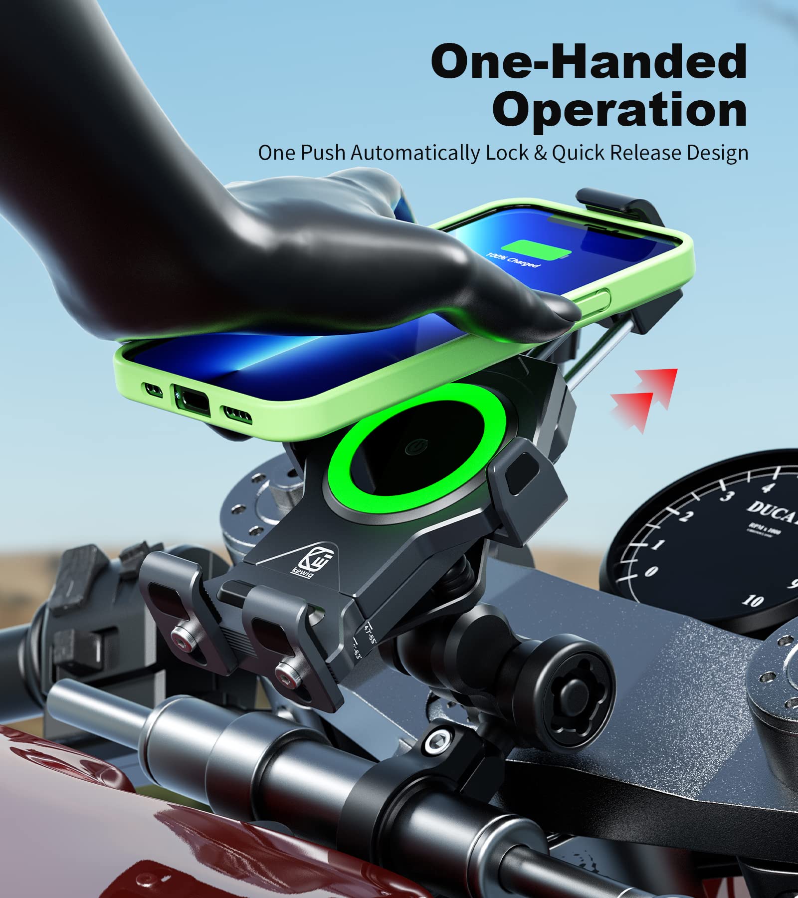 KEWIG Support de téléphone portable anti-vol étanche pour moto 15 W sans fil avec amortisseur de vibrations, verrouillage automatique One Push et déverrouillage rapide