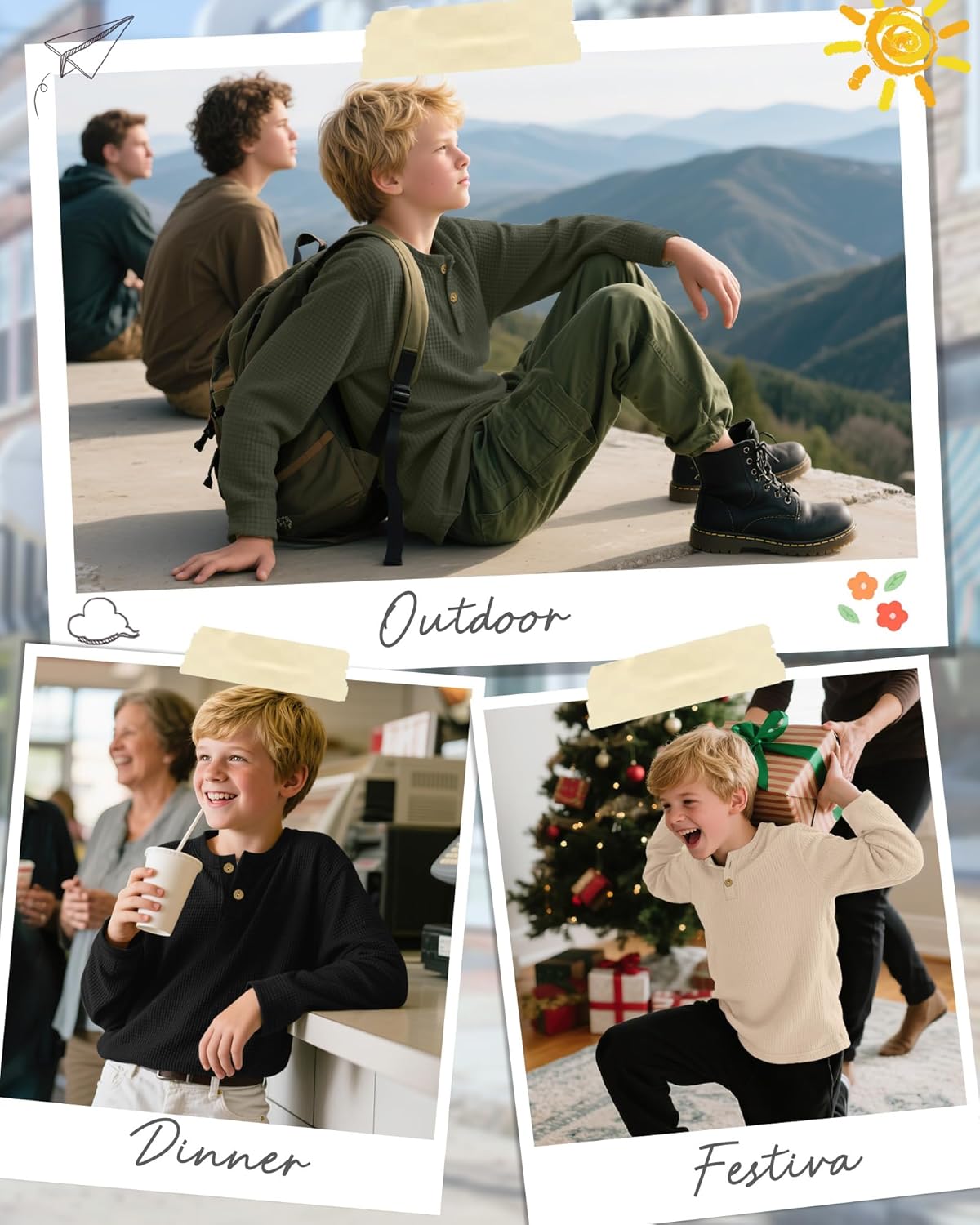 3 Pack Boy's Henley Long Sleeve Shirts Waffle Thermal Tops 5-14 Years Cotton Blend Knit Sweatshirt for School - Image 2