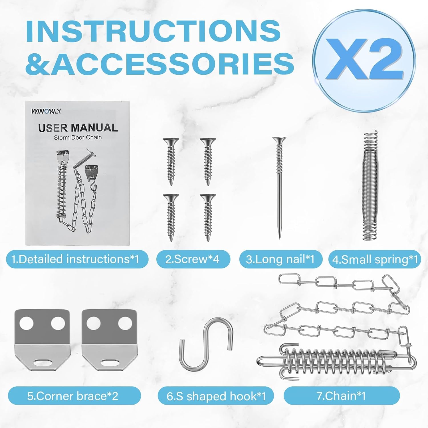 Storm Door Chain Spring 2 Pack Prevent Storm Damage, Screen Door or Door Closer Protector Heavy Duty Storm Door Hardware, Zinc Plated Anti-Rust and Sturdy, Easy to Install and Suit for Most Doors
