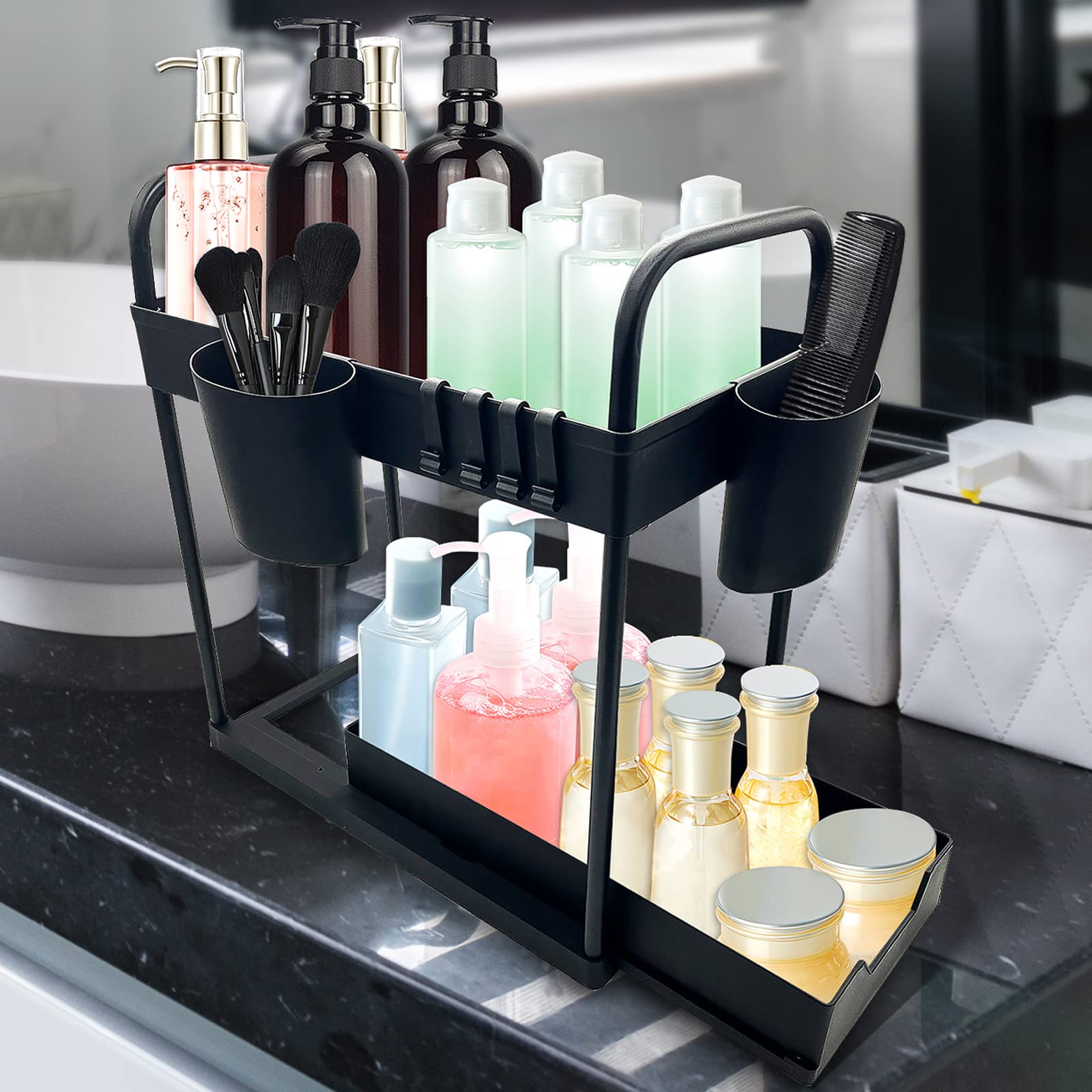 iMeshbean Under Sink Shelf 2 Tier Cabinet Organiser Extendable Sink Organiser with 4 Hooks and 2 Cups Sink Shelf Spice Rack Multi-Purpose Shelf for Sink, Kitchen, Bathroom