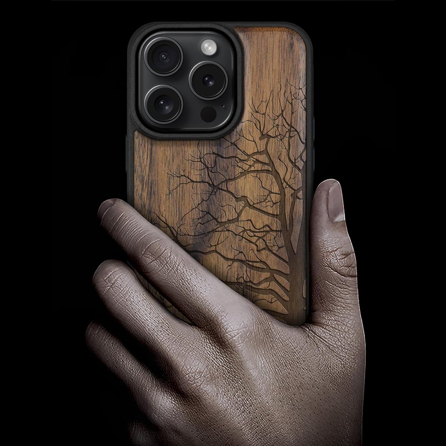 Carveit Magnetic Wooden Case for iPhone 16 Pro Case, Wood Artisan Engraved & Black Soft TPU Shockproof Cover, Compatible with MagSafe Wireless Chargers (Eternal Tree) Walnut