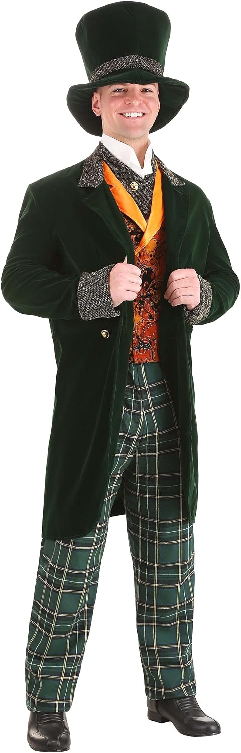 Alice in Wonderland Men's Mad Hatter Costume with Green Velvet Jacket, Pants, Orange Vest, Ascot & Top Hat