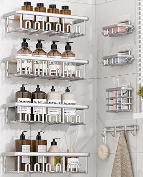 8 Pack Adhesive Rustproof Shower Caddy with Soap Dishes, Toothbrush Holder & Hooks, Large Capacity No-Drilling Shower Shelves Rack for Bathroom Organizers and Storage Accessories, Silver