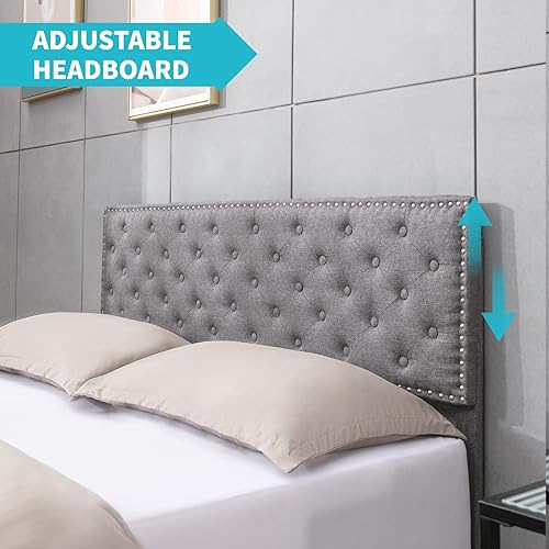 Miniatura 3 de CECER Base de cama tamaño Queen con 4 cajones de almacenamiento, base de cama tapizada de lino con cabecera ajustable, no necesita somier, fácil