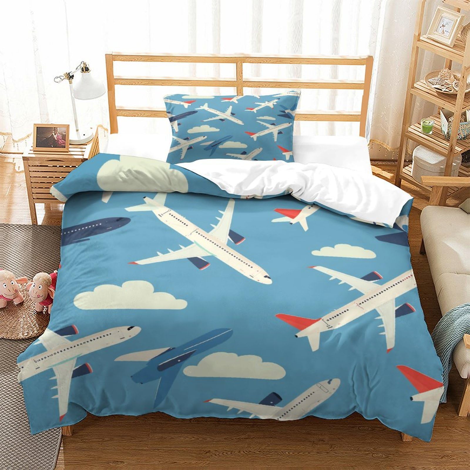 P1s9u7w5y Aircraft-7 Aviation Sky 3D Printed Duvet Cover Set 3Pcs Microfiber Plane Cloud Bedding Set Single（135X200cm）