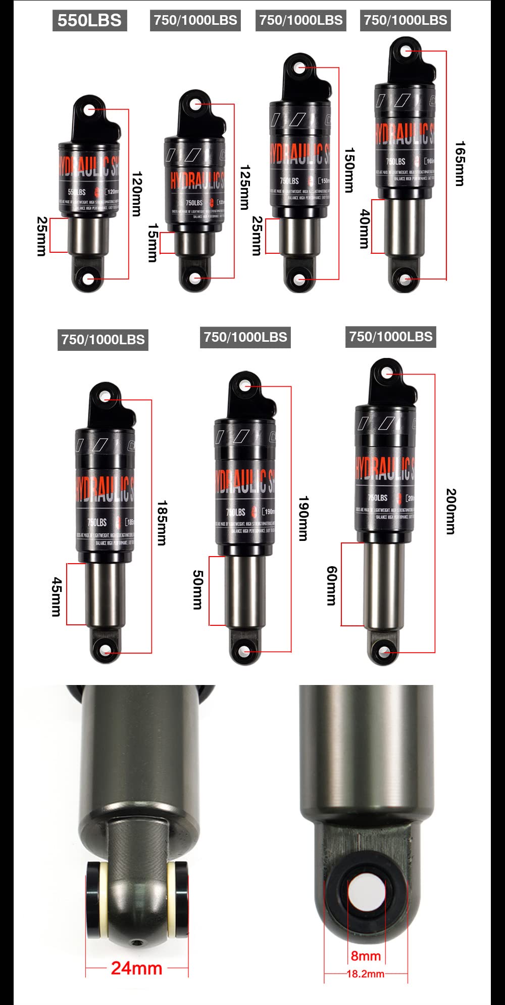 CNCLOL Amortiguador Trasero de Bicicleta Montaña 125mm/150mm/165mm/190mm 750/1000 Lbs