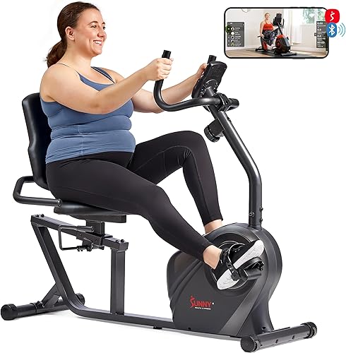 Miniatura 7 de Sunny Health & Fitness Smart Heavy-Duty Recumbent Bike w/Wide Cushioned Seat & Back, Indoor Cycling Machine for Adult/Seniors Home Exercise, Free