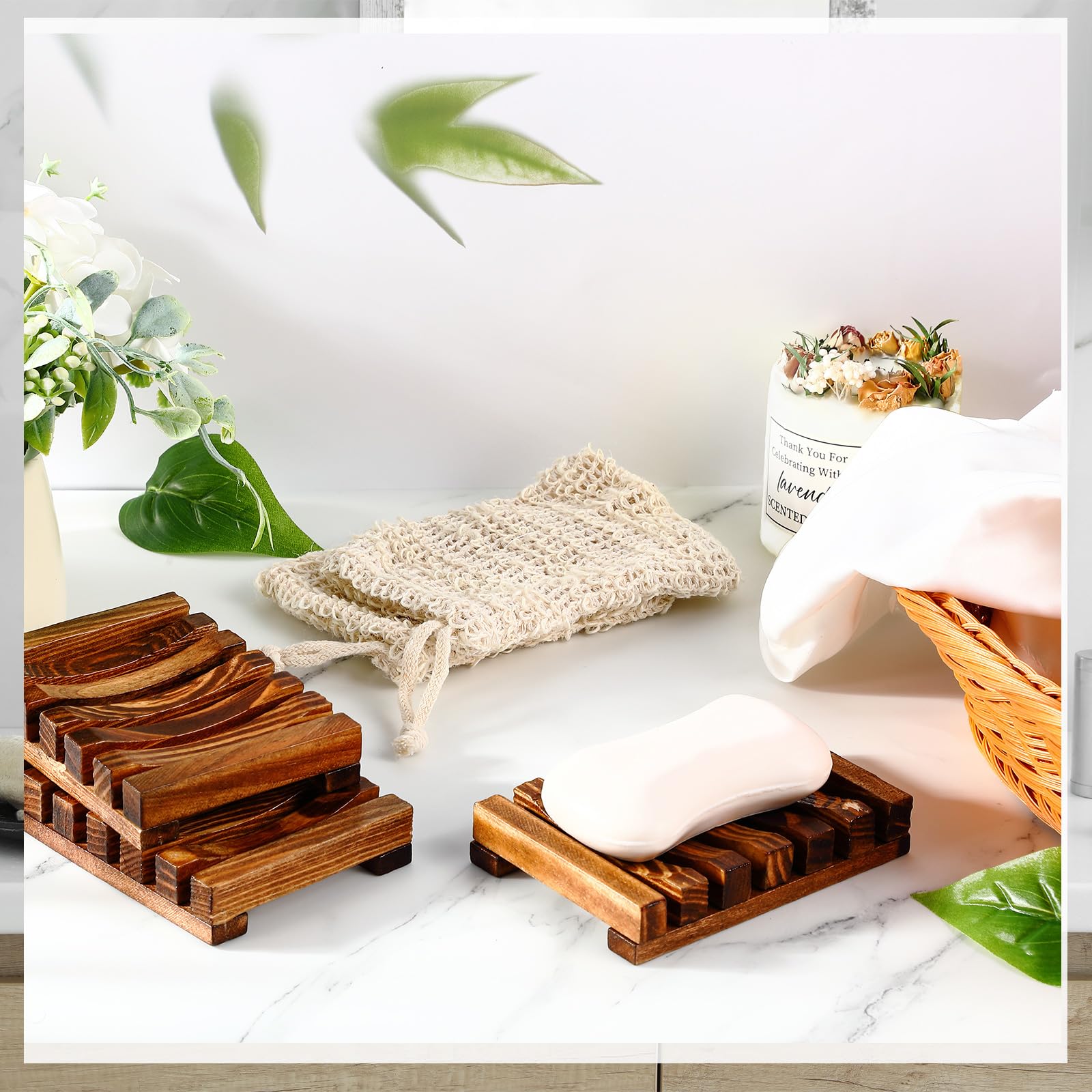 Umigy Kit de 60 bolsas de jabón y soporte para jabón, bolsa de malla de sisal, bolsa de jabón exfoliante, bandeja de jabón de madera de bambú, soporte para barra de jabón de baño para uso en ducha y