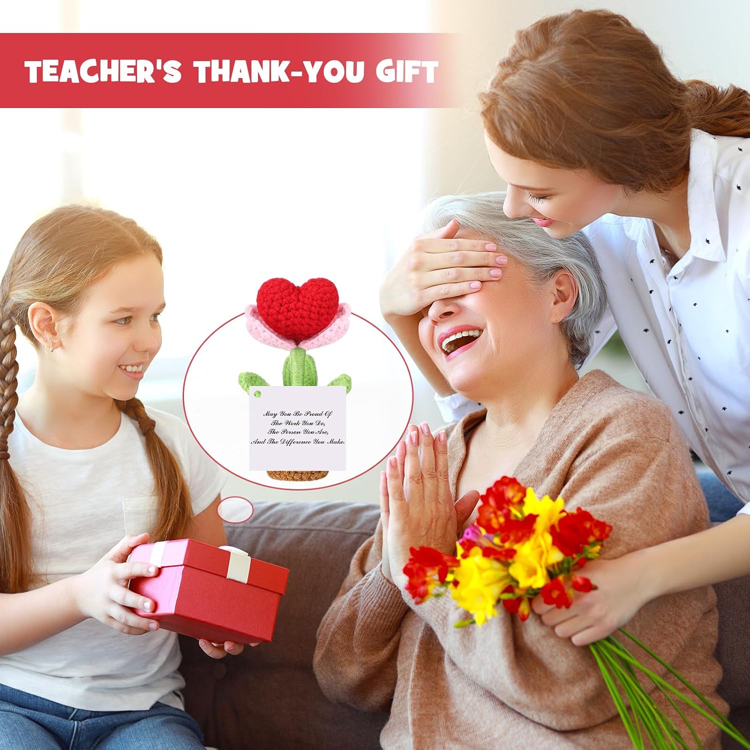 Soulchen 6 Set Back to School Inspirational Gifts Bulk for Teacher Student Positive Heart Crochet Flower with Inspirational Card Classroom Prizes for Teacher Gifts image 4