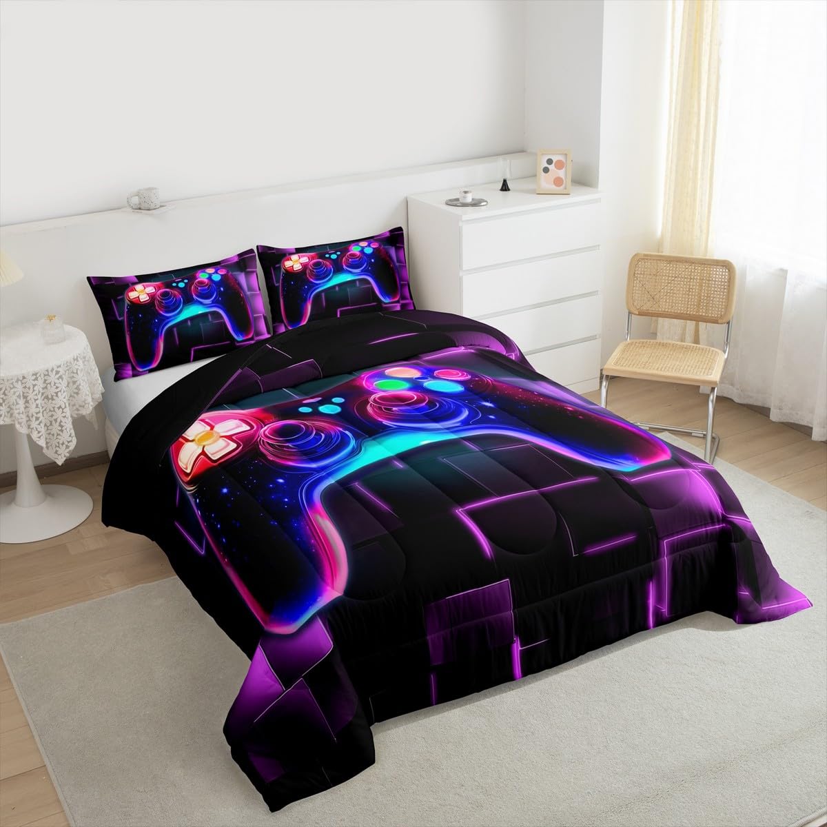 Erosebridal Kids Gamer Comforter Set Twin, Gaming Bedding, Video Games Controller Gamepad Bedding Comforter Sets Neon Glowing Square Geometric Grid
