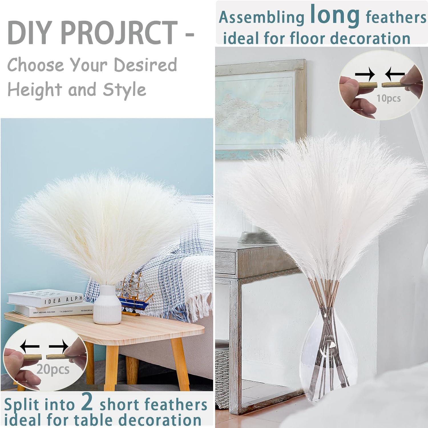 38" Faux Pampas Grass Decor - White & Beige Artificial Pampas Grass - 30 Count - Indoor/Outdoor/Gifting/Educational/Artistic