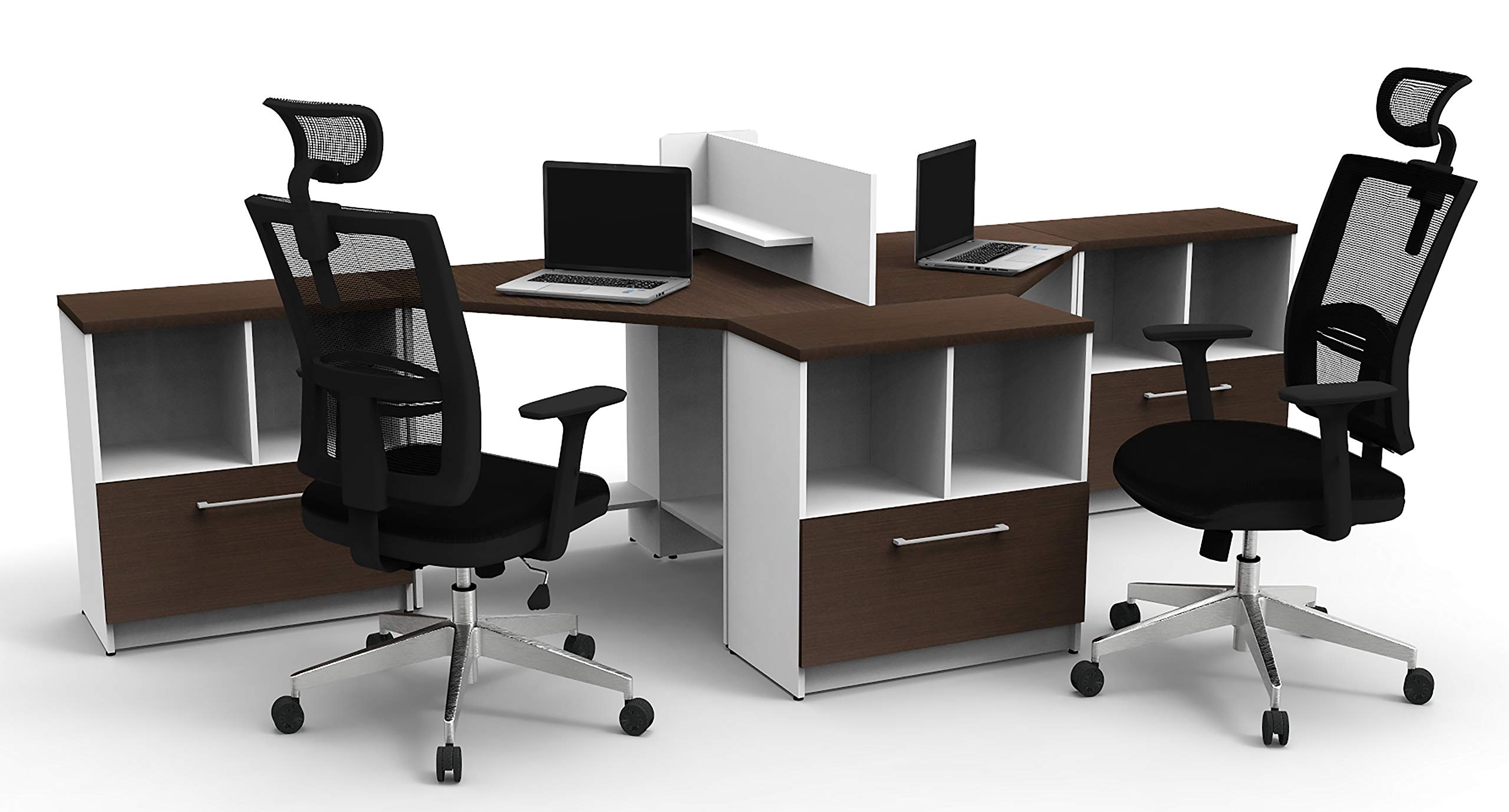 2 Person Office Reception Desk Reception Corner Collaboration Furniture Model 4332 6 Pc Group Contemporary White/Espresso Color.