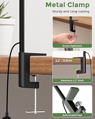 Miniatura 2 de CUHIOY Lámpara de escritorio con abrazadera de metal, lámparas LED de lectura de mesa para oficina en casa, 3 colores, 10 iluminaciones, cuello de