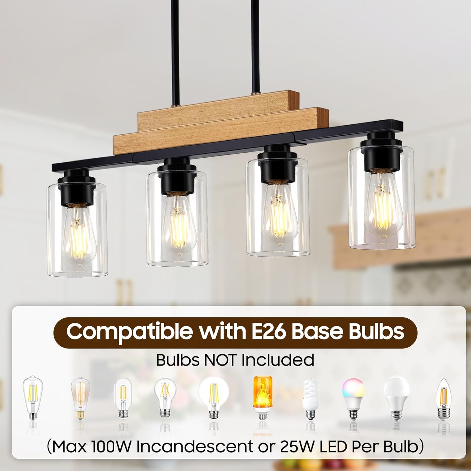 4-Light Linear Chandeliers for Dining Room Hanging, Farmhouse Dining Room Light Fixture Over Table, Black Pendant Kitchen Island Lighting, Wood Ceiling Light Fixture with Clear Glass Shade