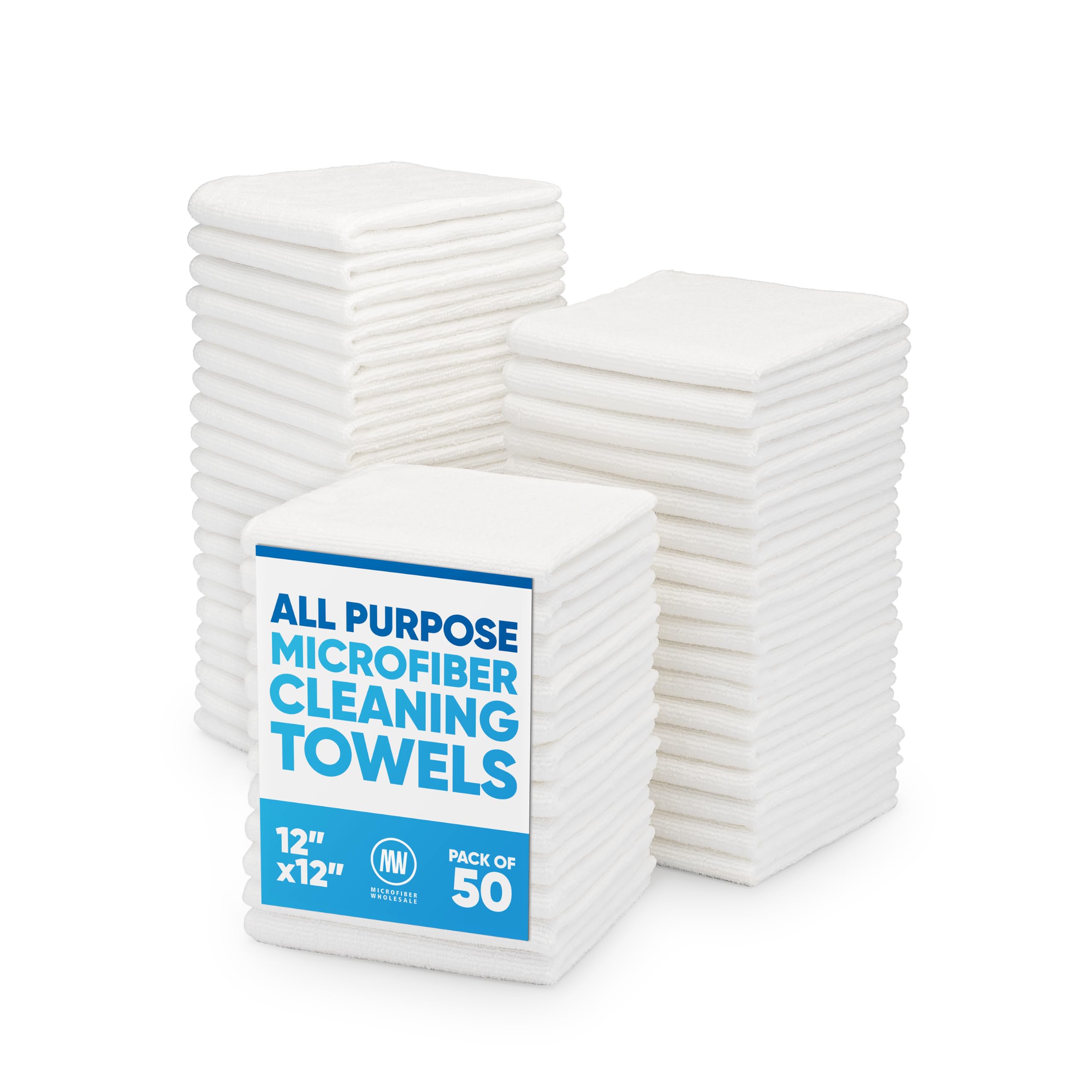 Paños de limpieza de microfibra de 12 x 12 pulgadas (paquete de 50) – Toallas reutilizables, trapos de lavado, paño para el polvo, multiusos: cocina, plato, autos, tienda, vidrio (blanco)