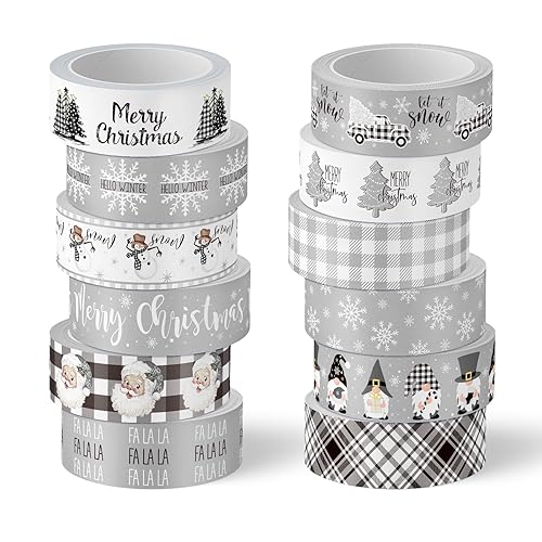 Miniatura 1 de Whaline 12 rollos de cinta Washi de Navidad, color gris, de granja, cinta Washi surtida, cinta decorativa de regalo de fiesta, para manualidades,
