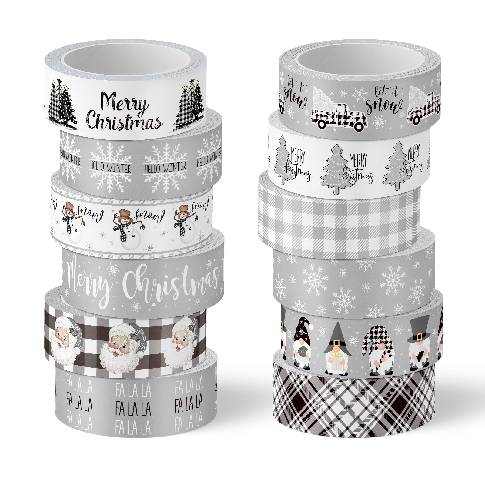 Whaline 12 Rolls Christmas Washi Tape Grey Farmhouse Washi Tape Assorted Xmas Masking Decorative Party Gift Paper Tape for DIY Craft Scrapbook Decor