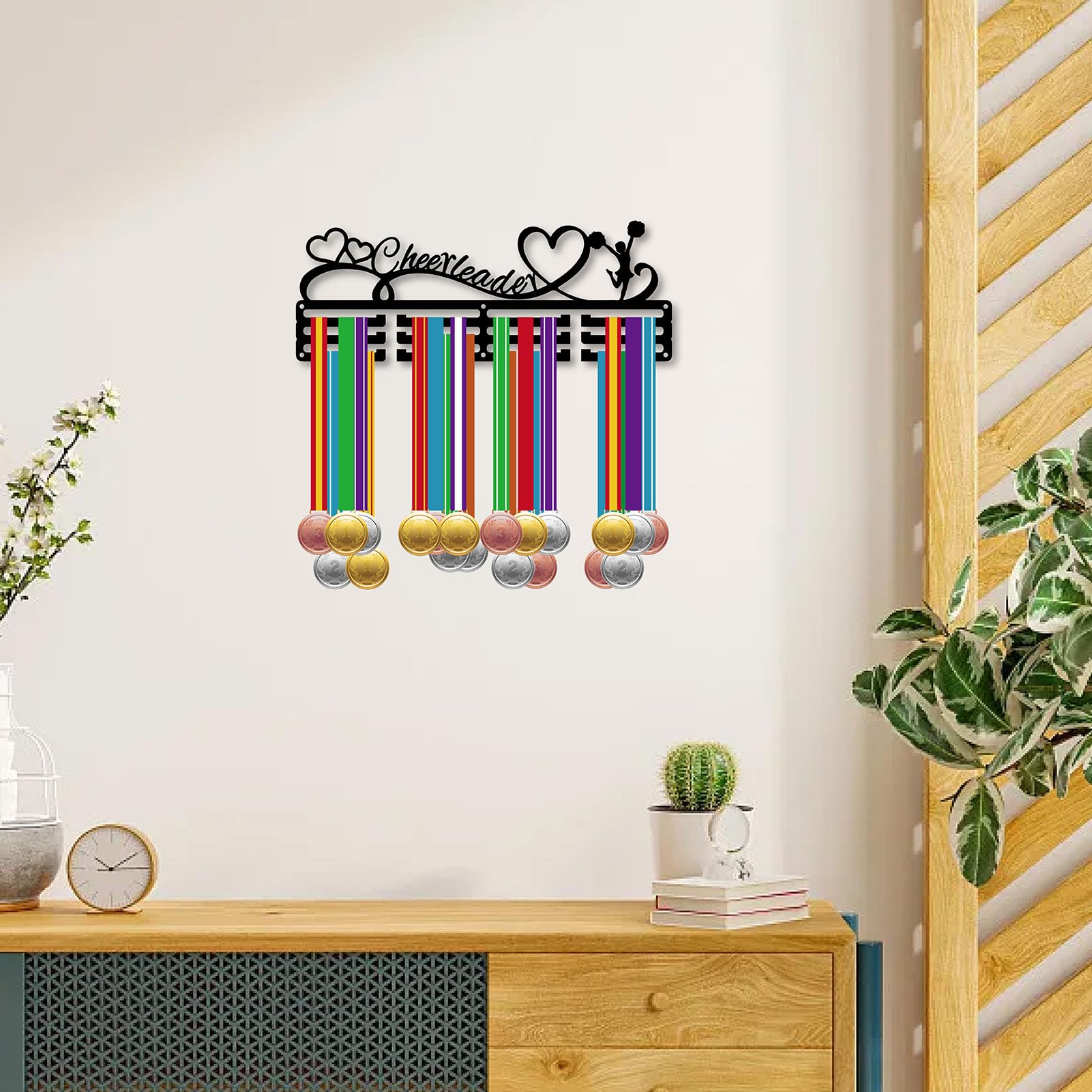 CREATCABIN Colgador Medallas Animadora,Soporte para Medallas,Estante para Mujeres,Corazón Alegría,Deportes,Metal,Colgante,Premios para Atletas,Soporte Pared Hierro,para Competición Cinta 40x15cm