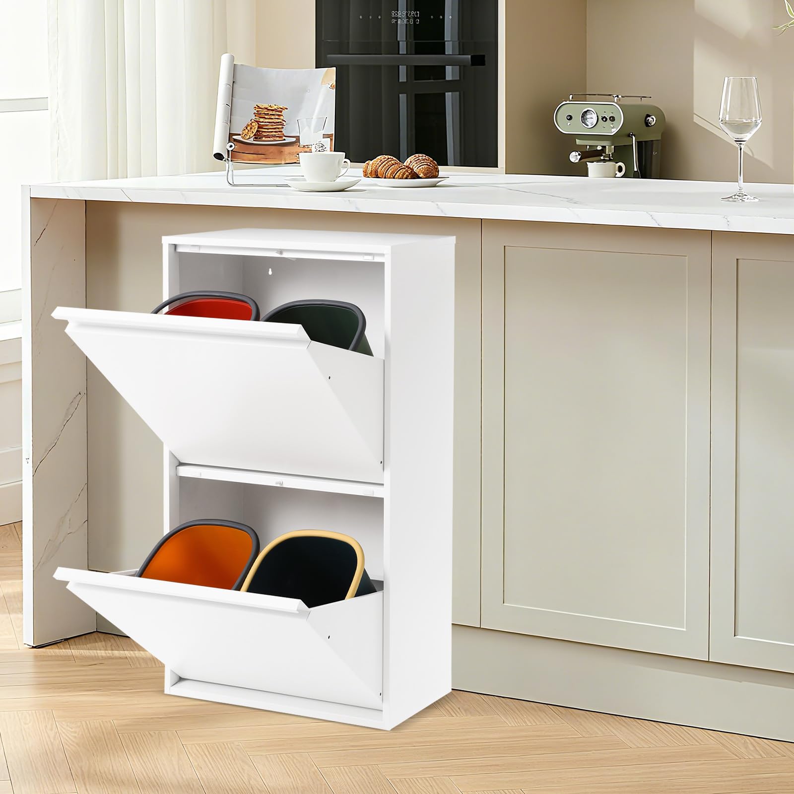 Cubo de basura para cocina, 4 sistemas de separación de residuos de cocina, 15 L, uso versátil, para un almacenamiento eficiente y práctico (blanco)