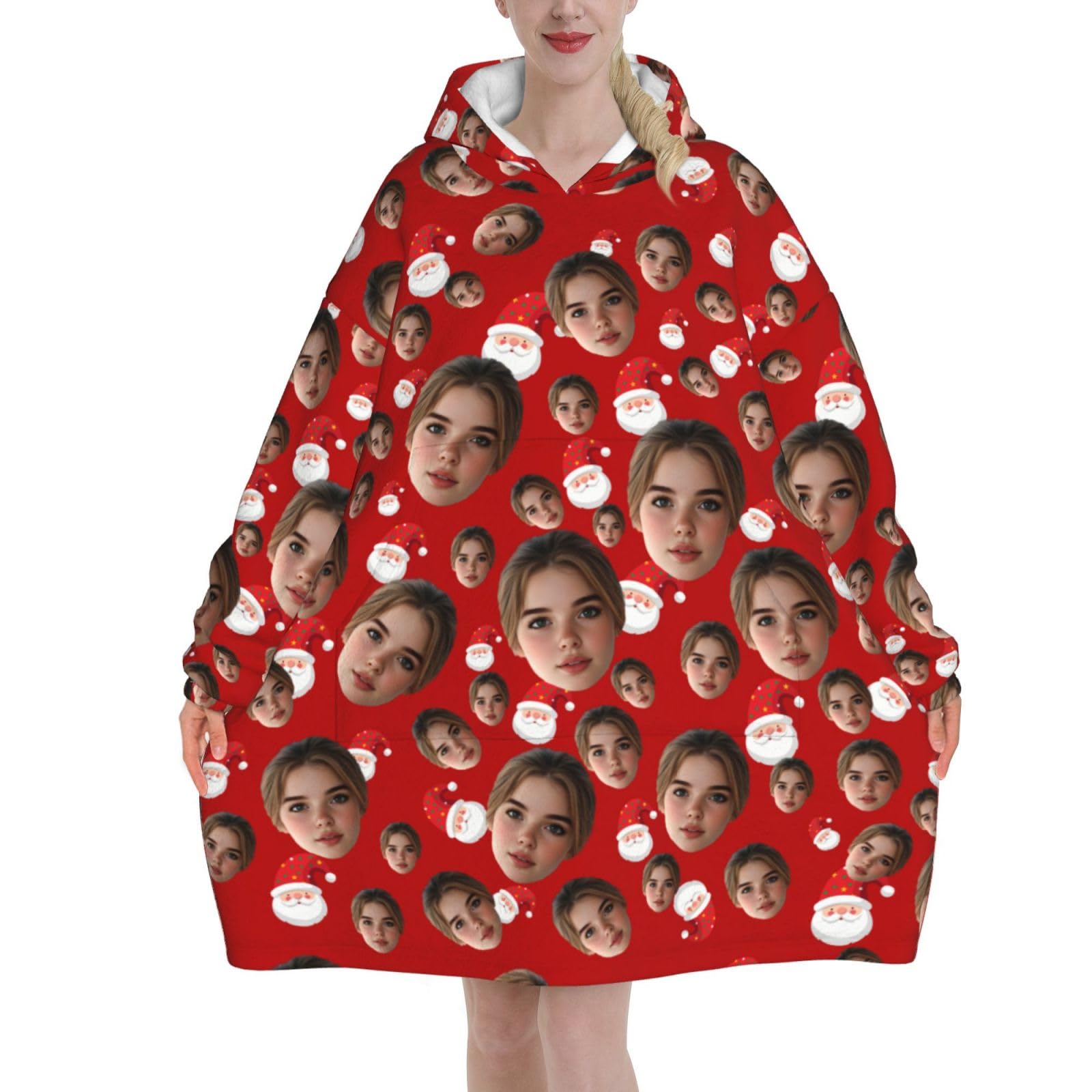 Custom Blanket Hoodie with Pocket Personalised Wearable Blanket fluffy giant oversized hoodie Women Customised Your Face Photo for Adults teenage Girl Santa Claus snoodie blanket christmas gifts