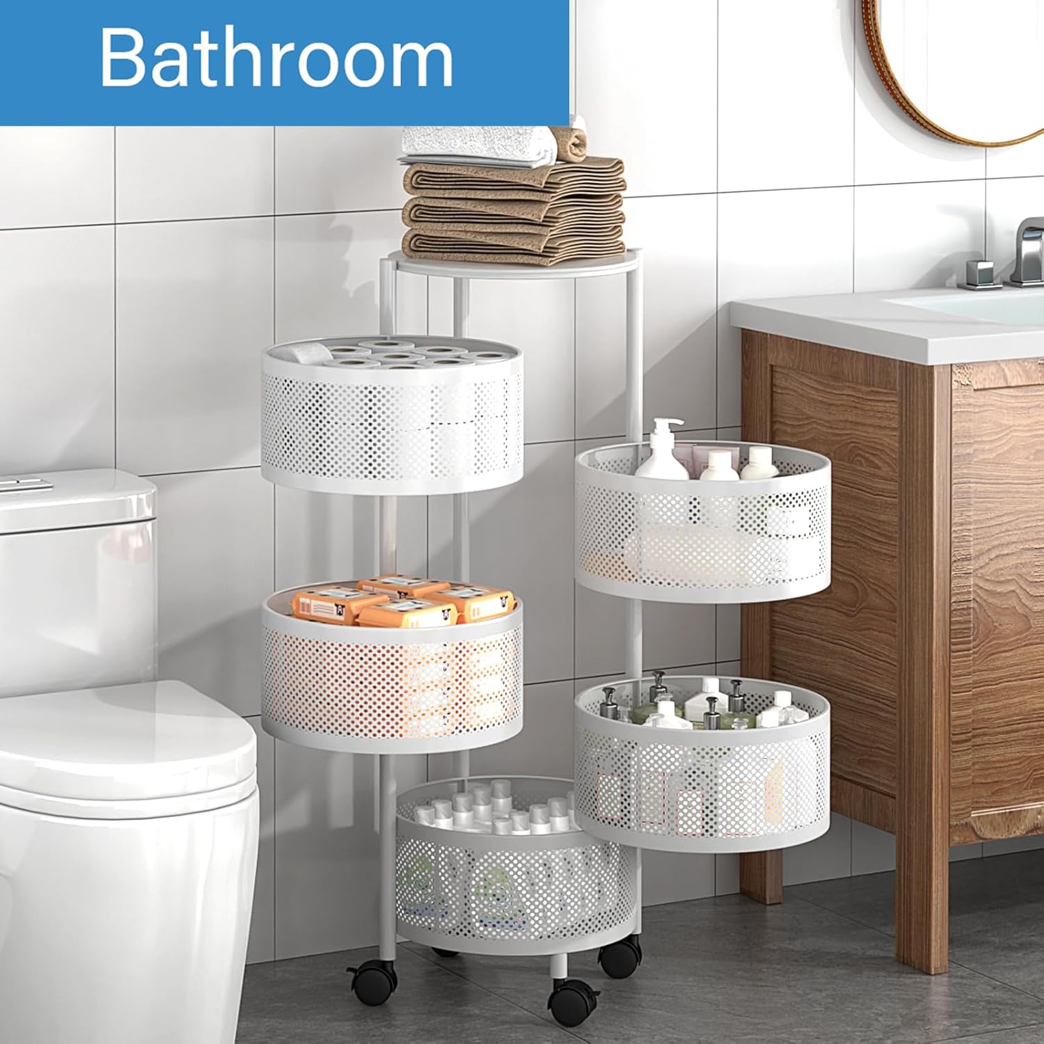 Rotating Storage Shelf with Wheels - Organizer for Fruits and Vegetables, Bathroom Shelf, Kitchen Organization and Storage, Mobile Utility Cart for Living Room - Ideal for Home (5 Tier, White)