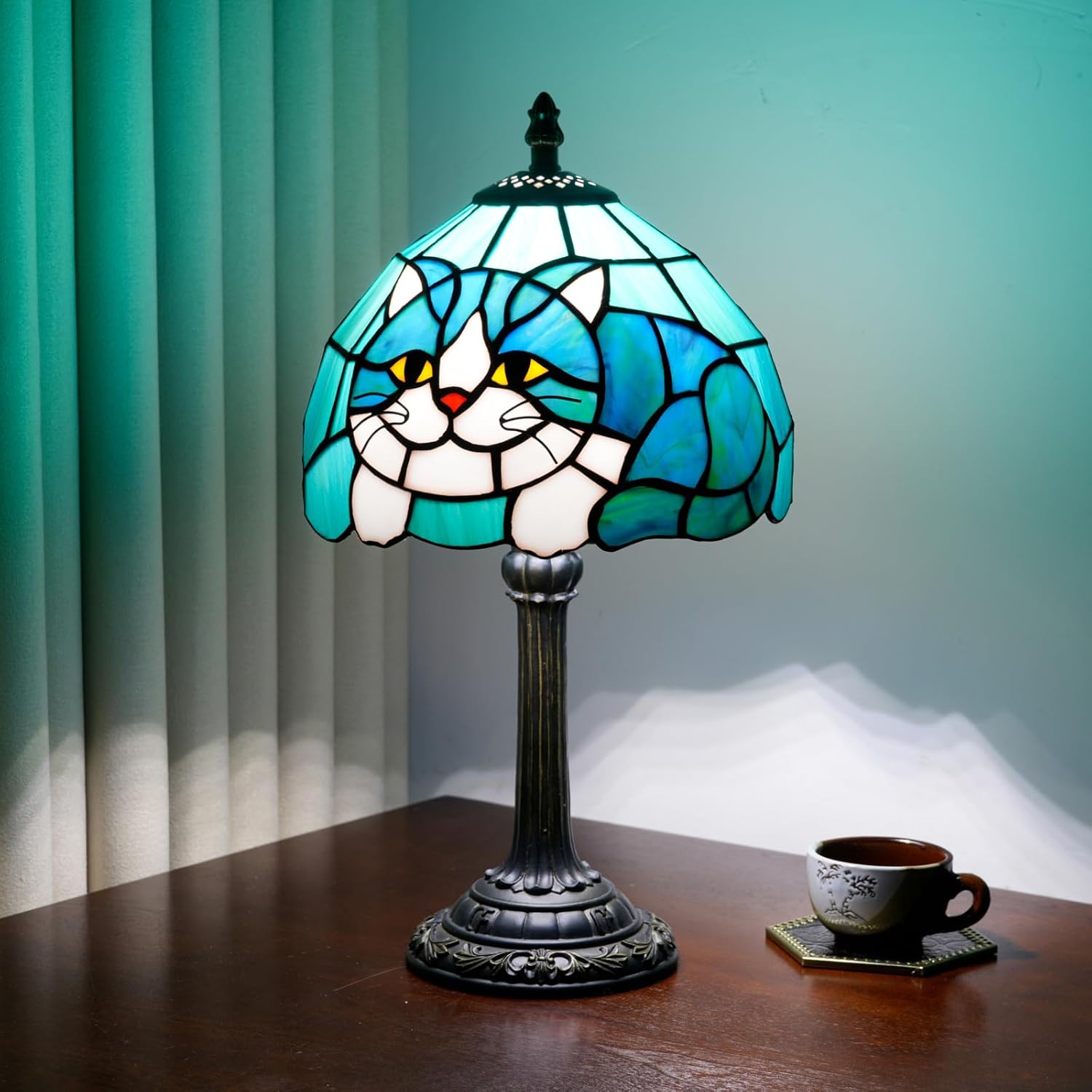 Tiffany Lamp Stained Glass Table Lamp 8X8X14 Inches Cat Style Living Room Bedroom Dorm Kitchen Home Decor Festival Birthday Gift