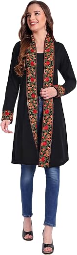 HAUTEMODA Women's Woollen Embroidered Front Open Shrug, Maroon