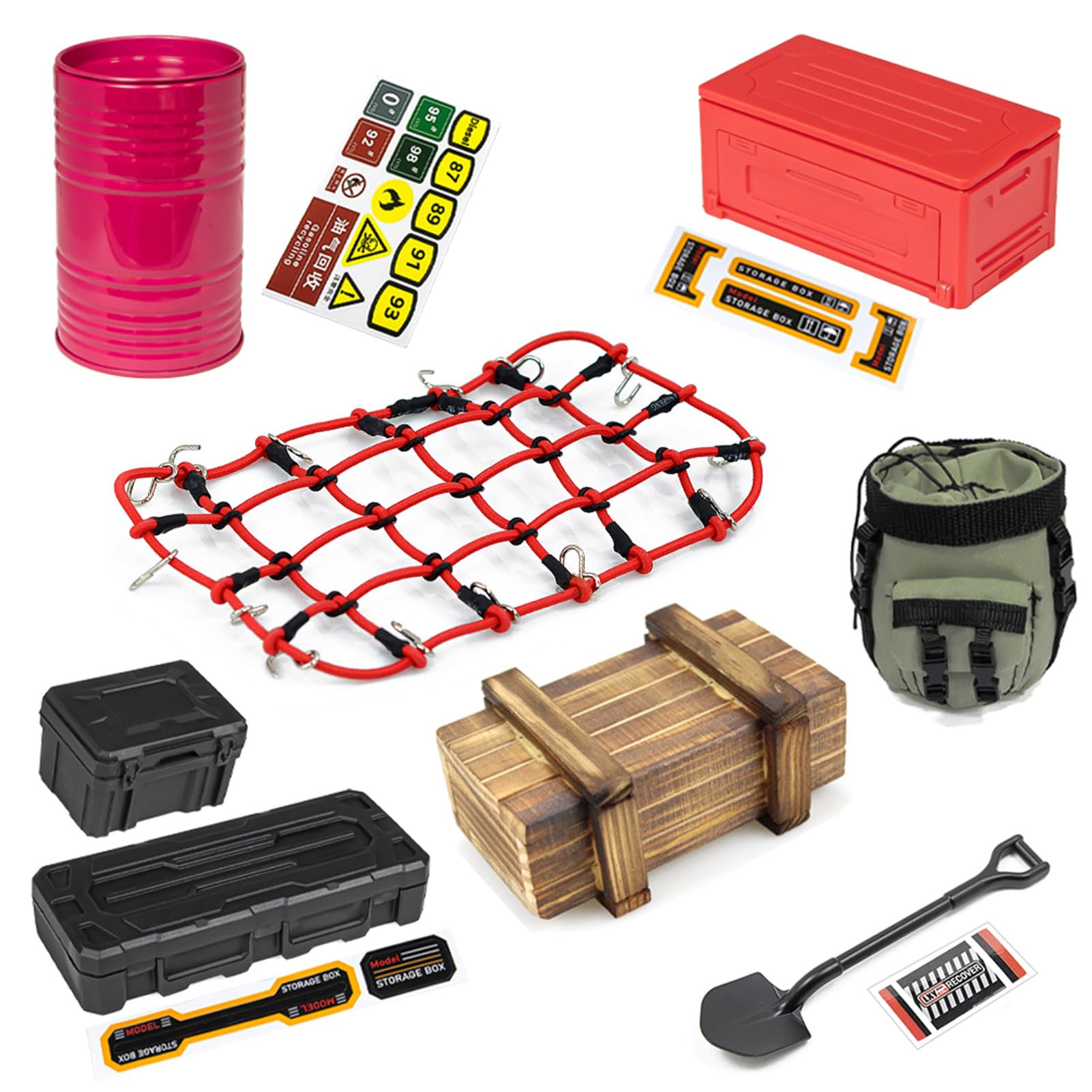 RC Crawler Car Decoration Kits Mini Simulation Luggage Net,Luggage, Camping Box,Package,Wood Box,Oil Drum,Mini Shovel Simulation Decorative Parts for 1/10 Trx4 Trx6 Axial SCX10 Redcat GEN 7 8 Rc4wd