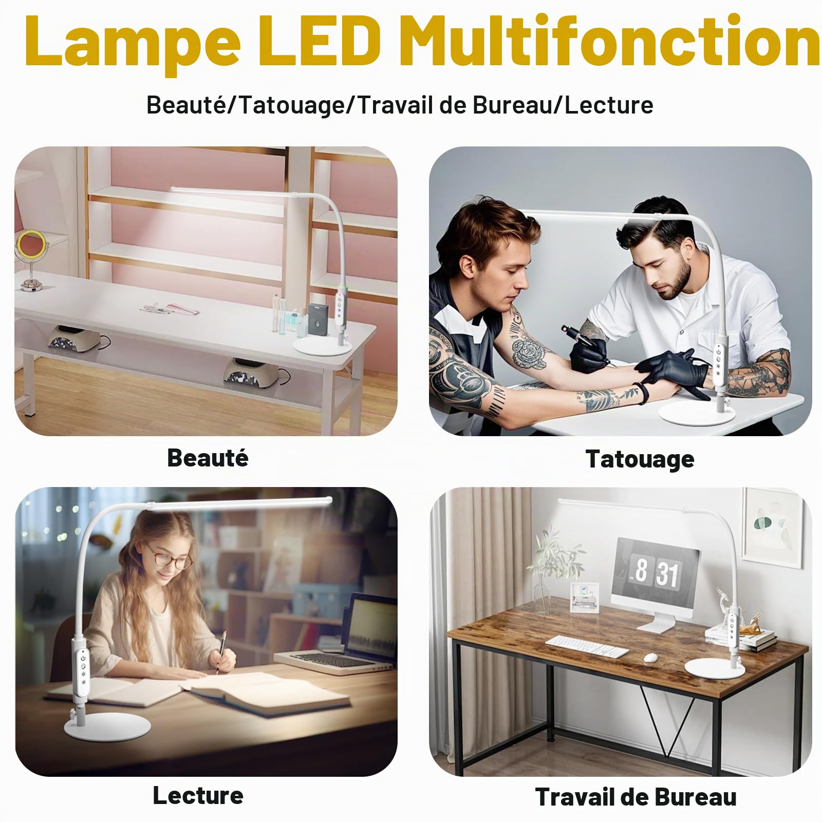 CGBE 60cm Lampe de Table Manucure LED pour Prothésiste Ongulaire Blanc | 360 ° Flexible, 18W LED Anti-éblouissement, 3 Modes 5 Intensités Réglable, Contrôle Tactile, Pour Manucure Lecture Travail