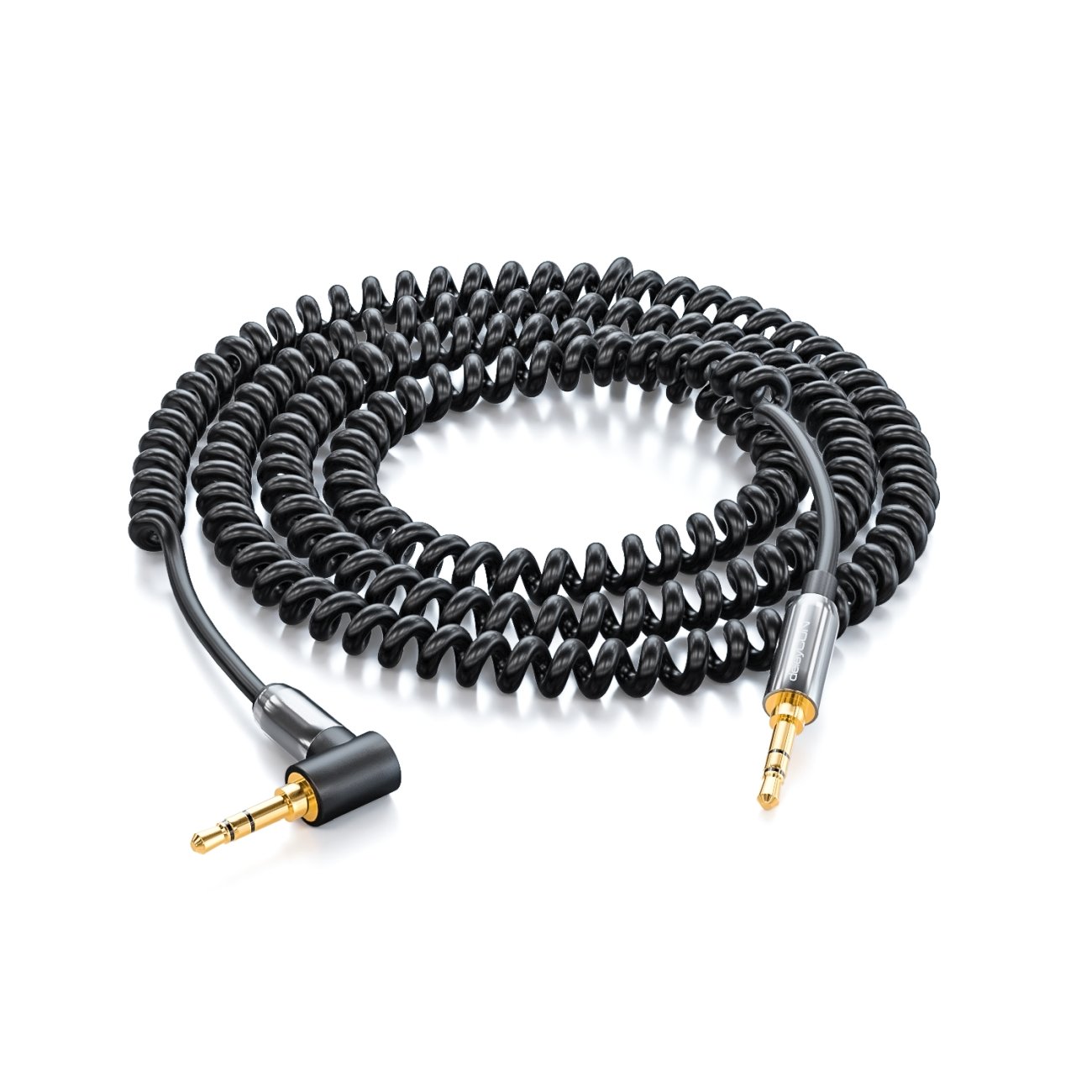deleyCON 2m Kabel Audio Stereo AUX Spiralny - Jack 3,5 mm Wtyk na Jack 3,5 mm Pod Kątem 90° - Pozłacane Złącza - Kompatybilny z Odtwarzaczem MP3, Smartfonem, Tabletem, TV, Hi‑Fi