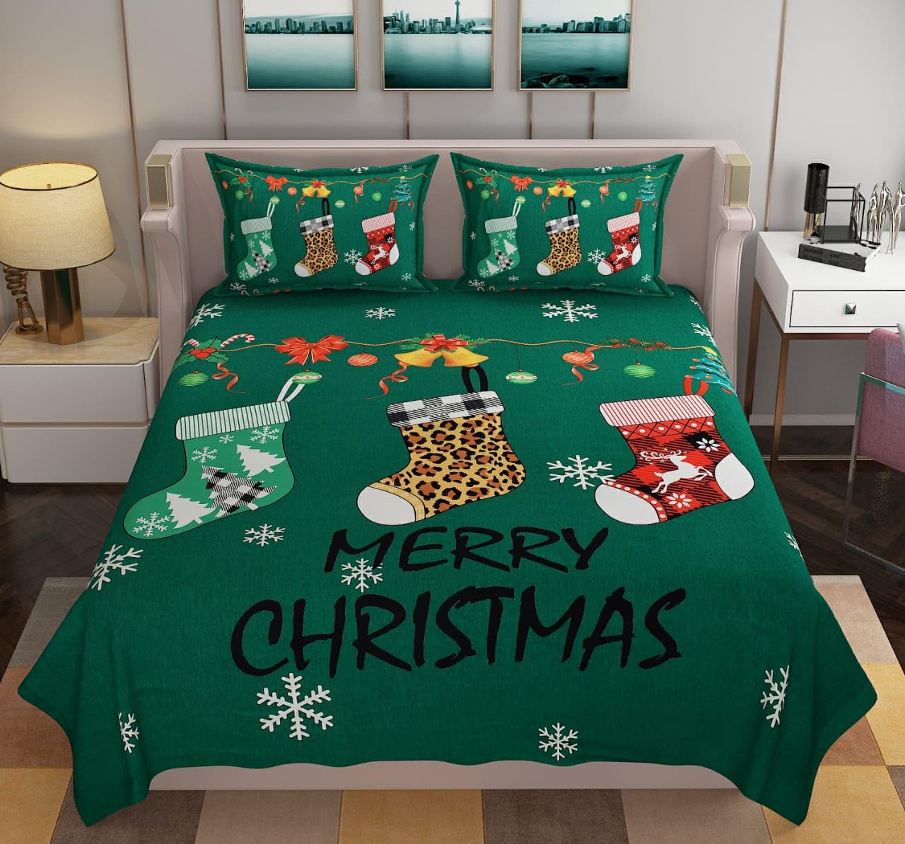 Kitch Deco™ Glace Cotton 250TC Digital Printed Christmas/New Year/Kids Flat Double Bed Sheet with 2 Pillow Cover (Merry Christmas Green)